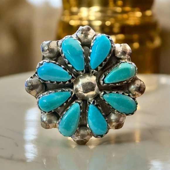 Native Jewelry - Native Zuni Turquoise Cluster Sterling Silver Ring (6.5)